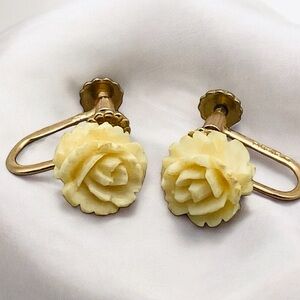 Vintage Krementz Gold-tone Carved Celluloid Flower Rose Screw Back Earrings